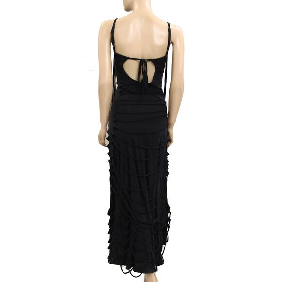 Anthropologie Black Fringes Slip Midi Dress Bodycon Evening Cutout XS New 281504 - Picture 3 of 4